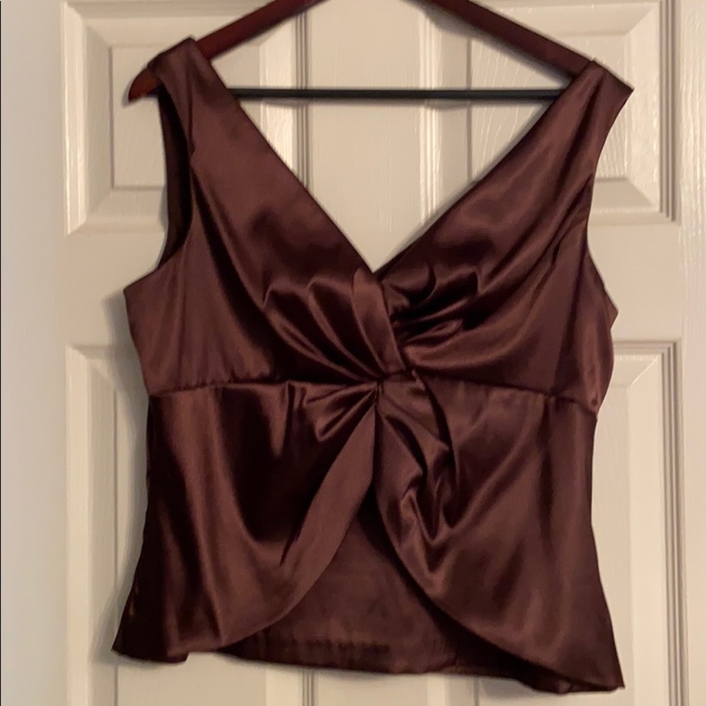 Wide v-neck formal satin top- chocolate brown